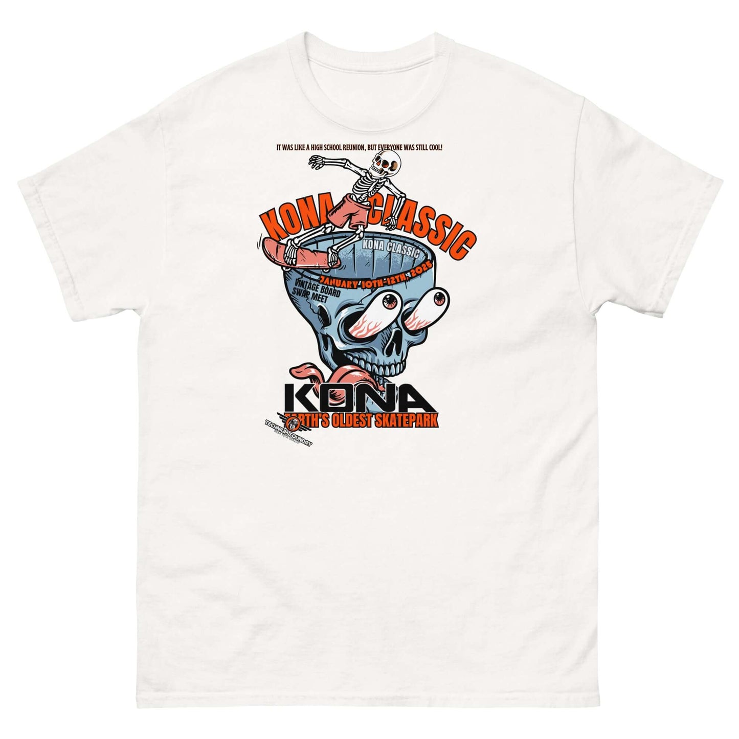 Kona Classic Skater T-Shirt | America's Oldest Skatepark Event Tee Color: White T-Shirt Size: S Apparel & Accessories Technium Foundry