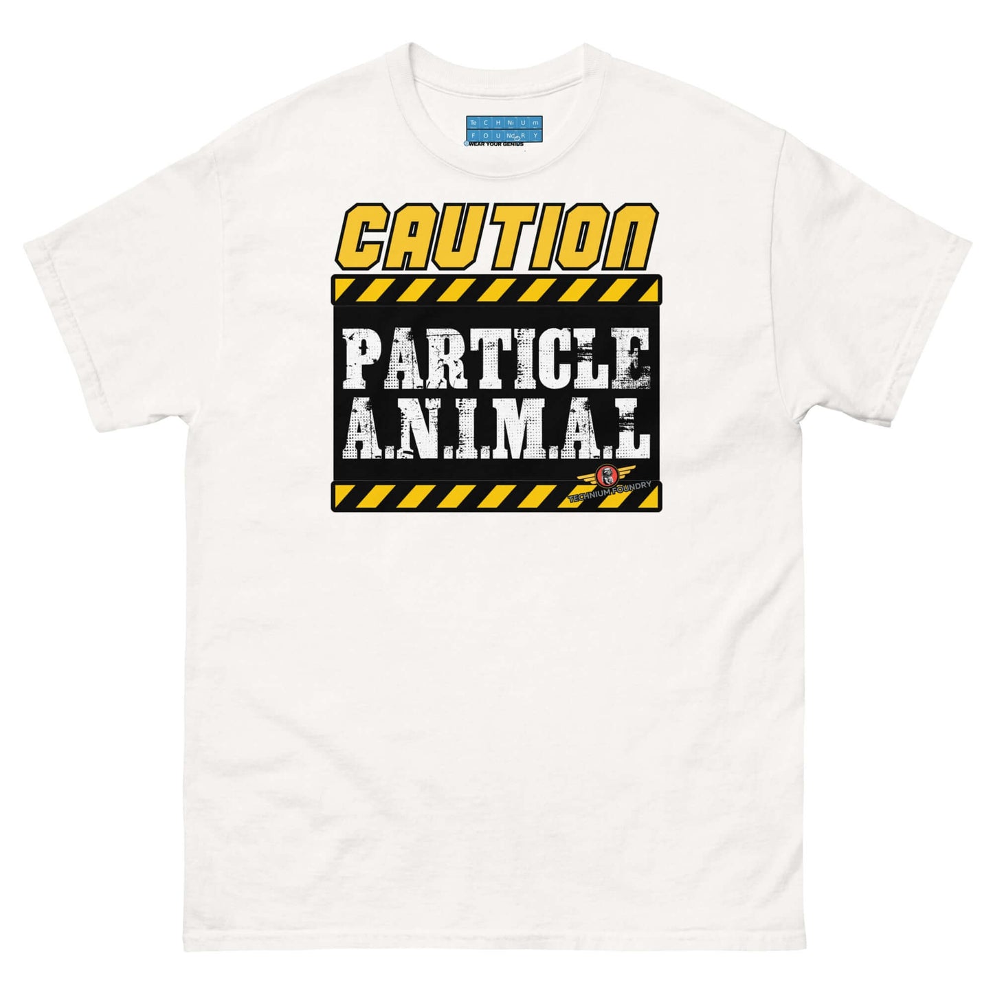 Particle Animal Caution Sign Physics T-Shirt | Science Humor Color: White T-Shirt Size: S Apparel & Accessories Technium Foundry