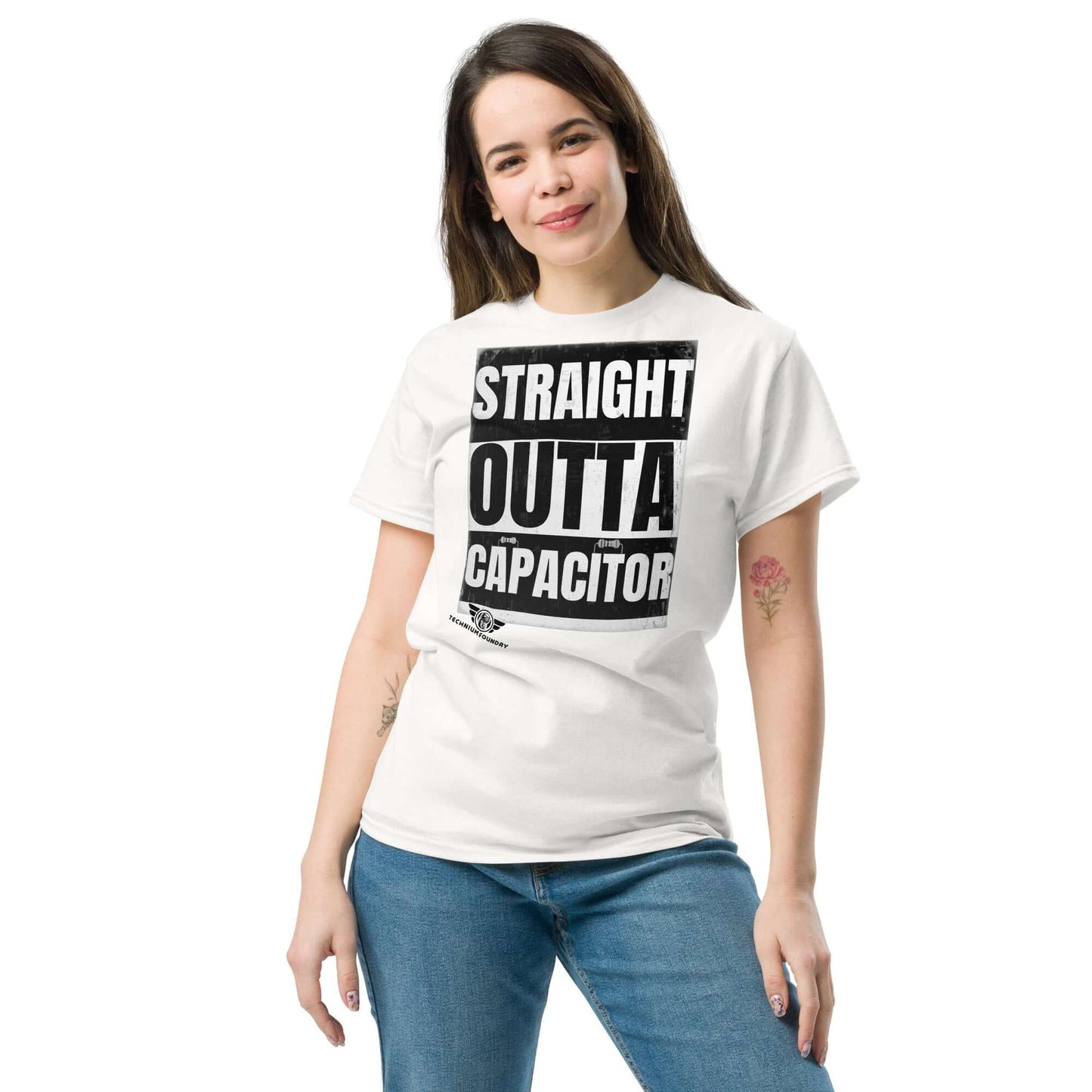 Straight Outta Capacitor T-Shirt | Electrical Circuit Humor Color: Black T-Shirt Size: S Apparel & Accessories Technium Foundry