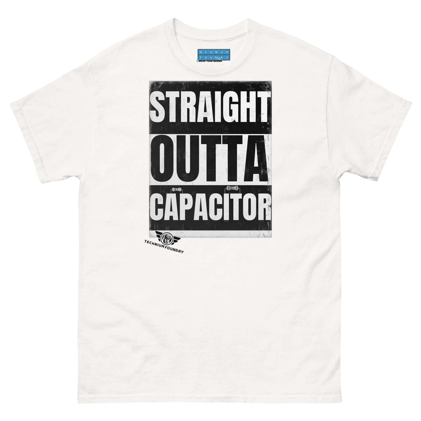 Straight Outta Capacitor T-Shirt | Electrical Circuit Humor Color: White T-Shirt Size: S Apparel & Accessories Technium Foundry