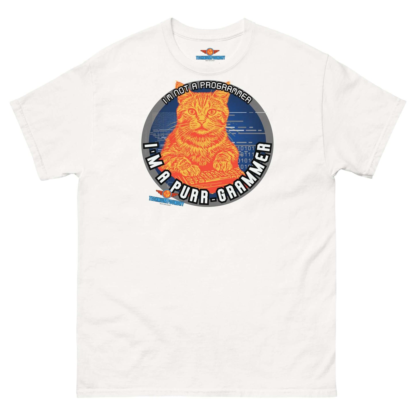 "The Purr-grammer's Manifesto Tee featuring a coding cat design from Technium Foundry's Science & Tech Apparel Collection"