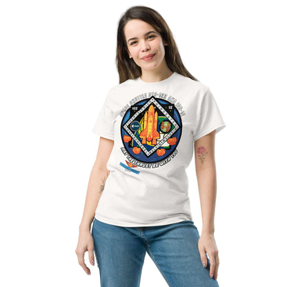 Woman wearing May The Thrust Be With You Space Shuttle Tee, part of the Science & Tech Apparel Collection by Technium Foundry.