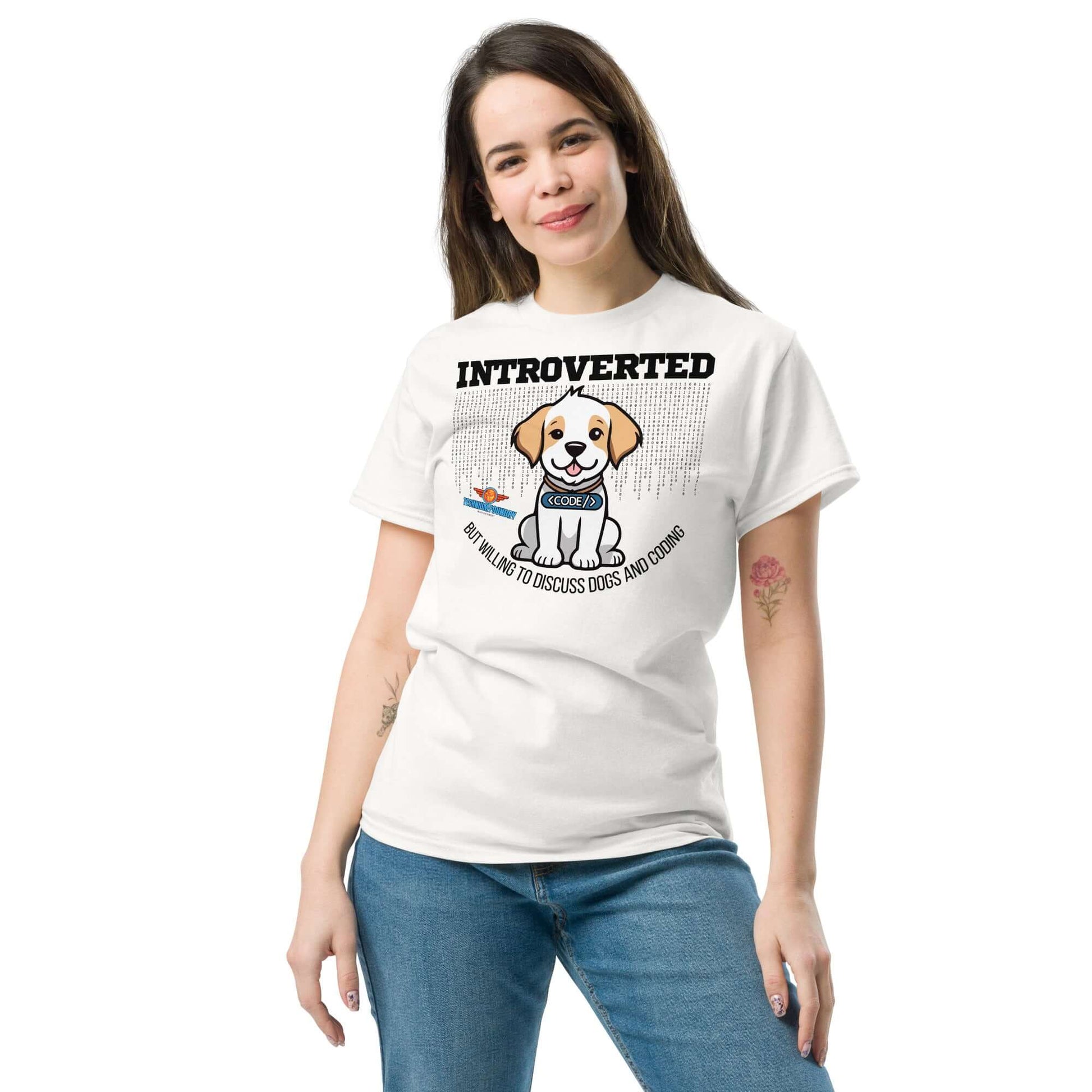 Woman wearing "Introverted, Willing to Discuss Dogs" Tee from Science & Tech Apparel, Technium Foundry collection.