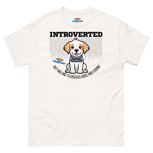 "Introverted Tee with Cute Puppy Design - Willing to Discuss Dogs, Part of Science & Tech Apparel by Technium Foundry"