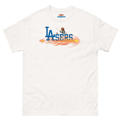 "LAsers Tee - Science & Tech Apparel Collection by Technium Foundry, featuring a playful laser-themed baseball design on a white shirt"