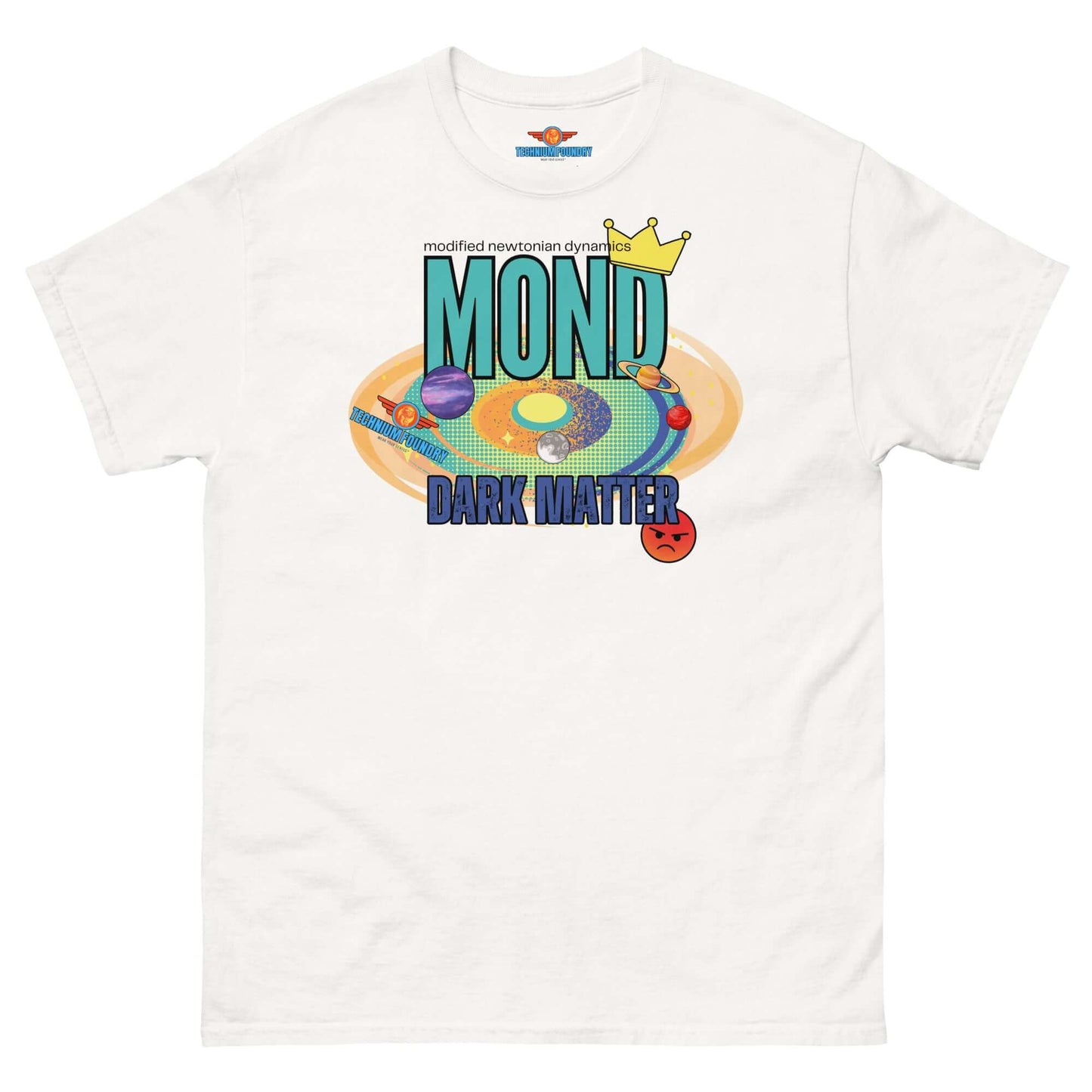 "MOND vs Dark Matter Tee featuring crown and cosmic design, part of Science & Tech Apparel Collection at Technium Foundry."