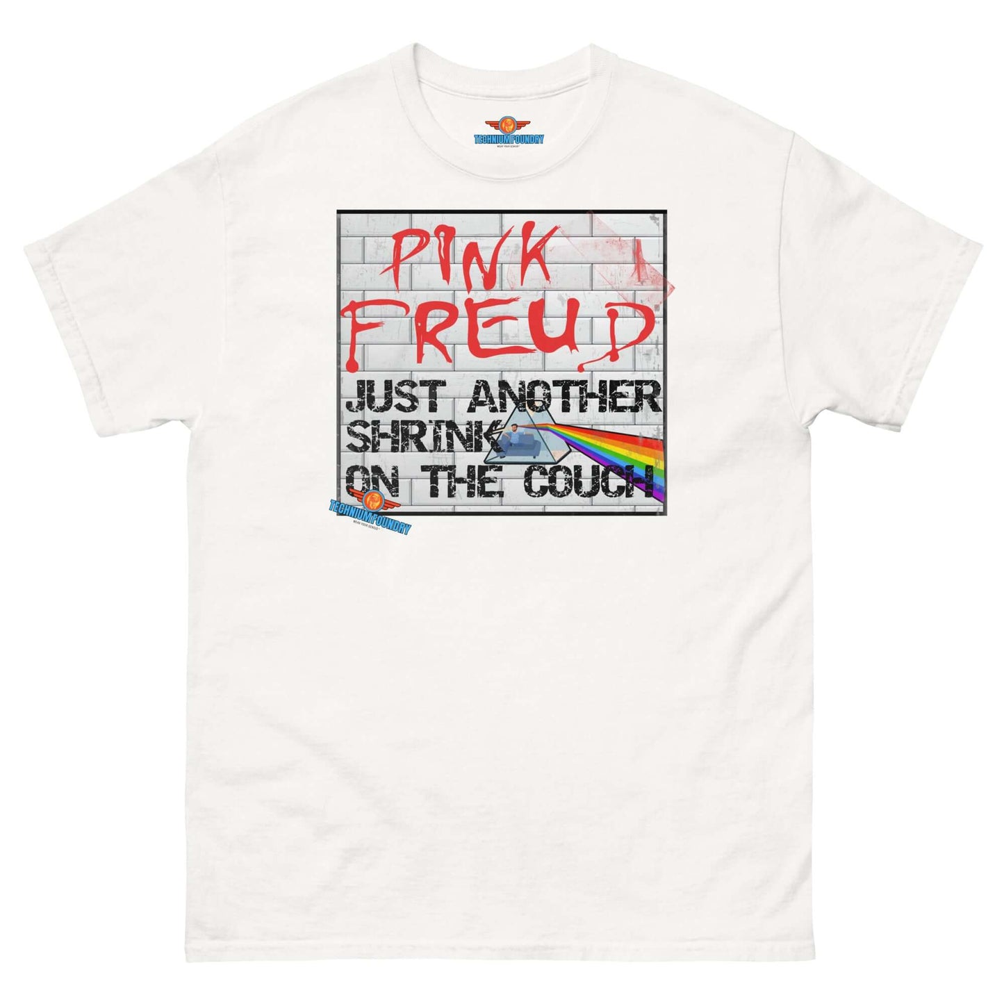 Pink Freud t-shirt, merging Dark Side of the Moon with psychoanalysis humor, by Quantum Fashion at Technium Foundry.