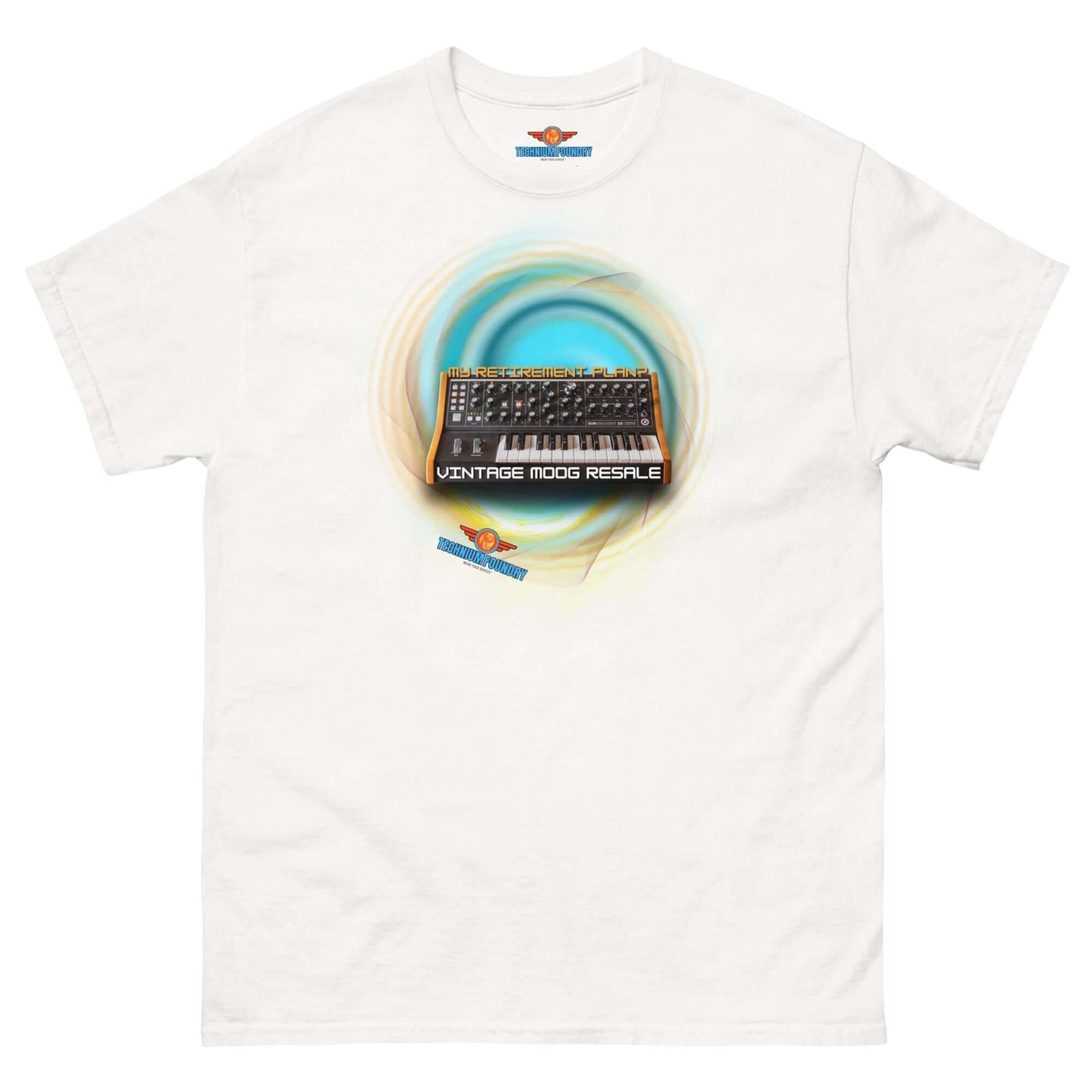 Vintage Moog Resale Tee with synthesizer in vortex design, capturing analog magic and retro style in soft cotton.