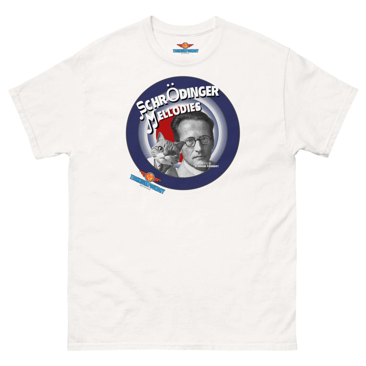 Schrödinger's Melodies Tee featuring Erwin Schrödinger with a cat, blending quantum mechanics and music on a white shirt.