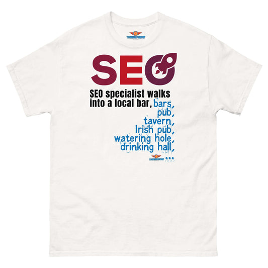 SEO specialist tee with witty pub-themed text, featuring keywords like bar, pub, and tavern.