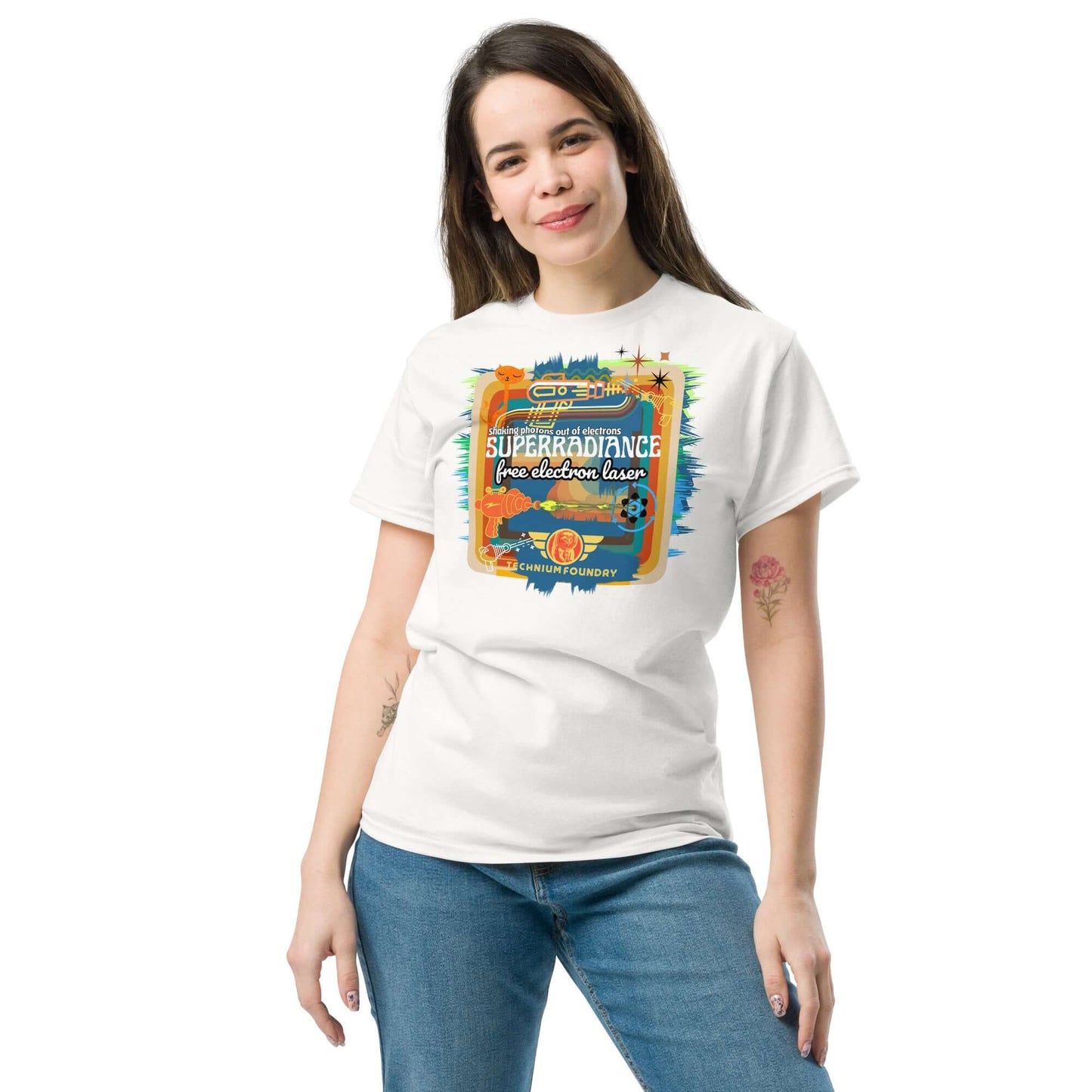 Retro Superradiance Free Electron Laser T-Shirt featuring 1980s-inspired quantum physics design worn by model.