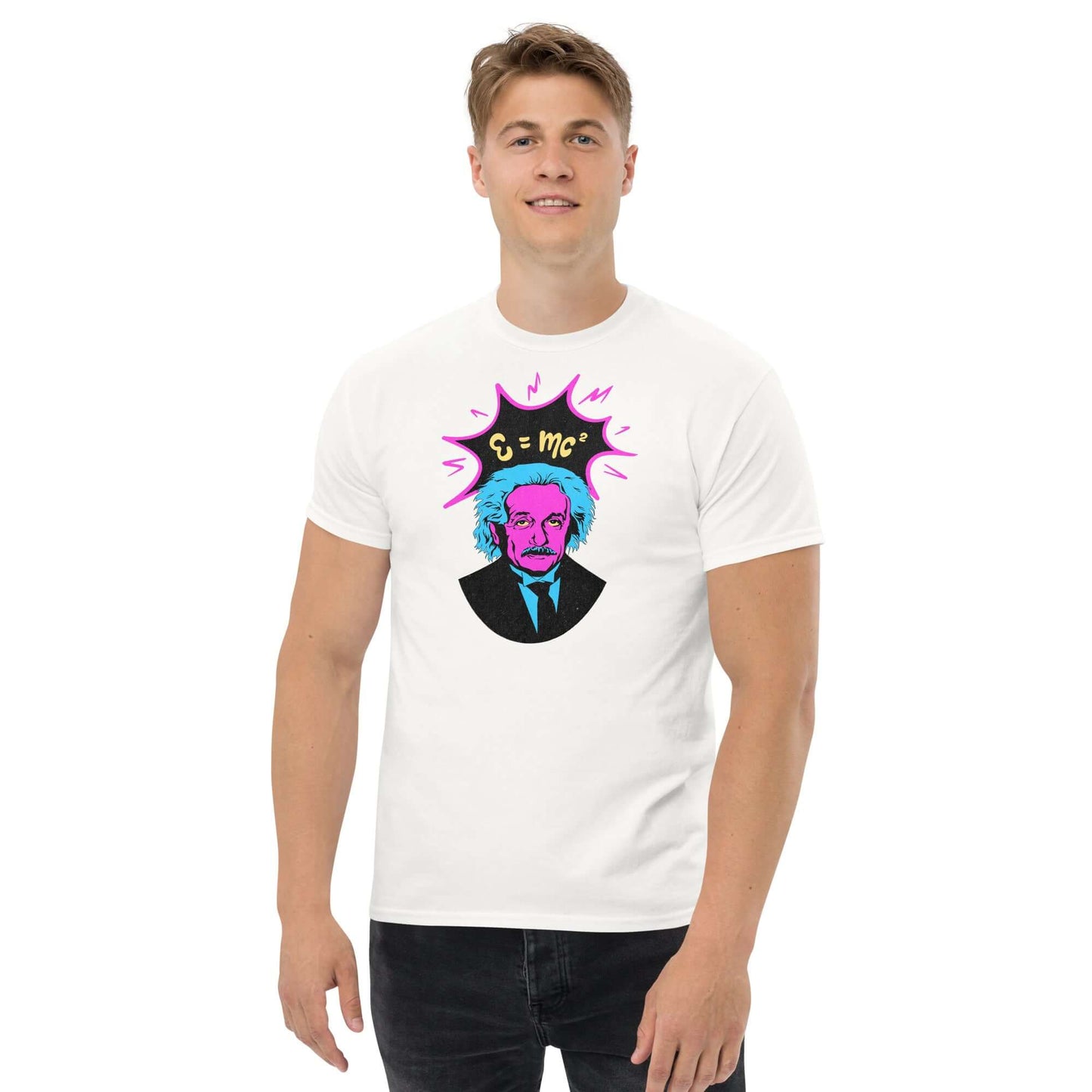 Man wearing a pop art Einstein t-shirt with E=mc² design in neon pink and blue, by Technium Foundry.