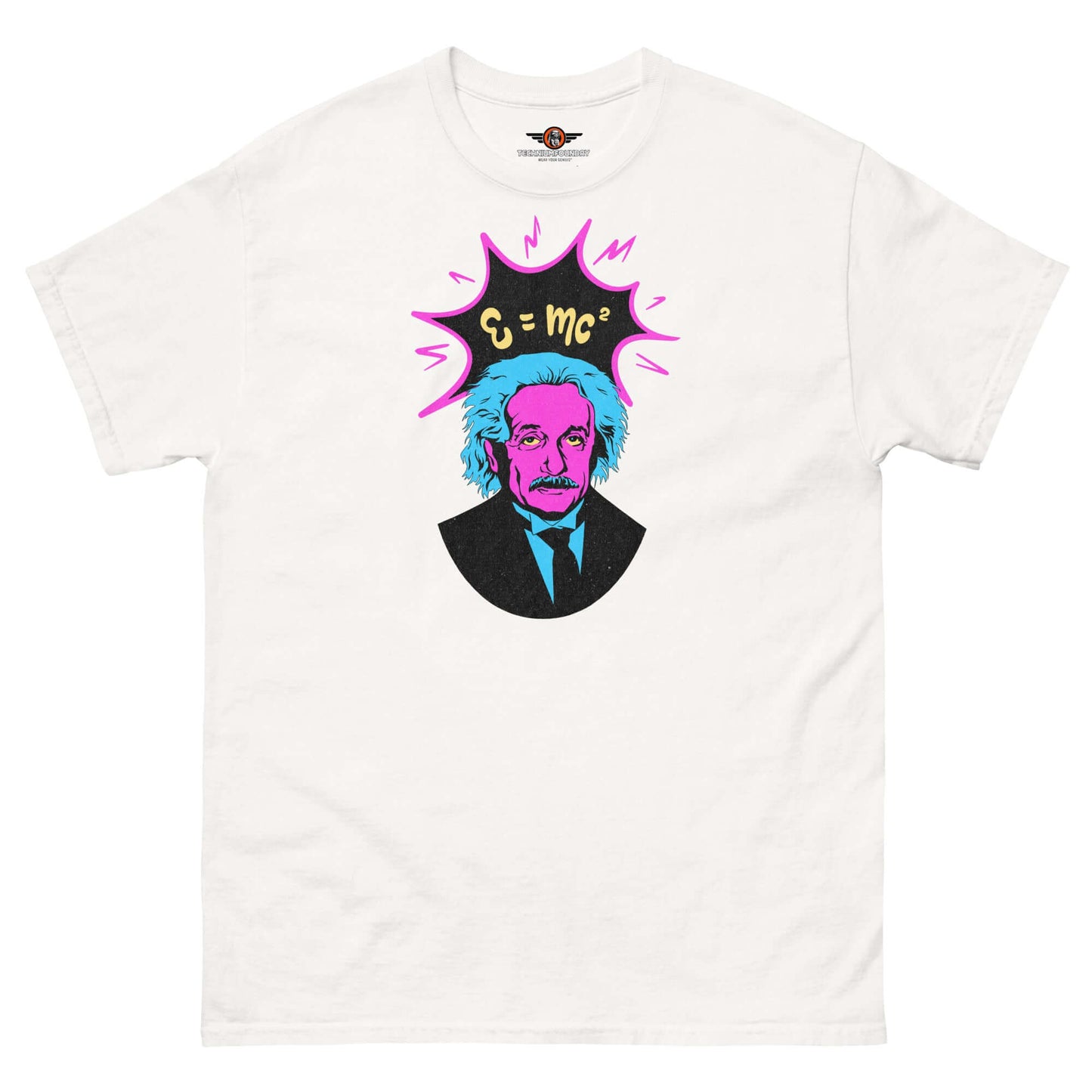 Einstein pop art t-shirt featuring E=mc² in neon pink and blue design by Technium Foundry, premium cotton blend.