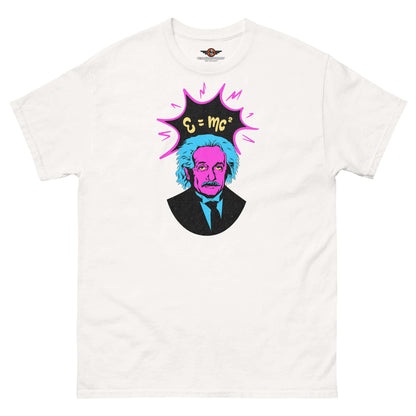 Einstein pop art t-shirt featuring E=mc² in neon pink and blue design by Technium Foundry, premium cotton blend.