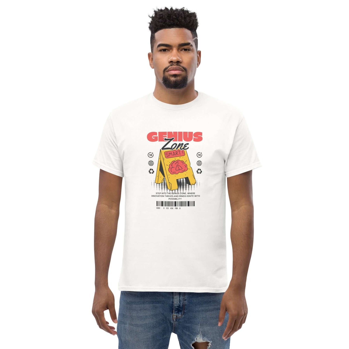 Genius Zone Caution T-Shirt by Technium Foundry featuring retro-tech design and brain warning label on premium cotton.