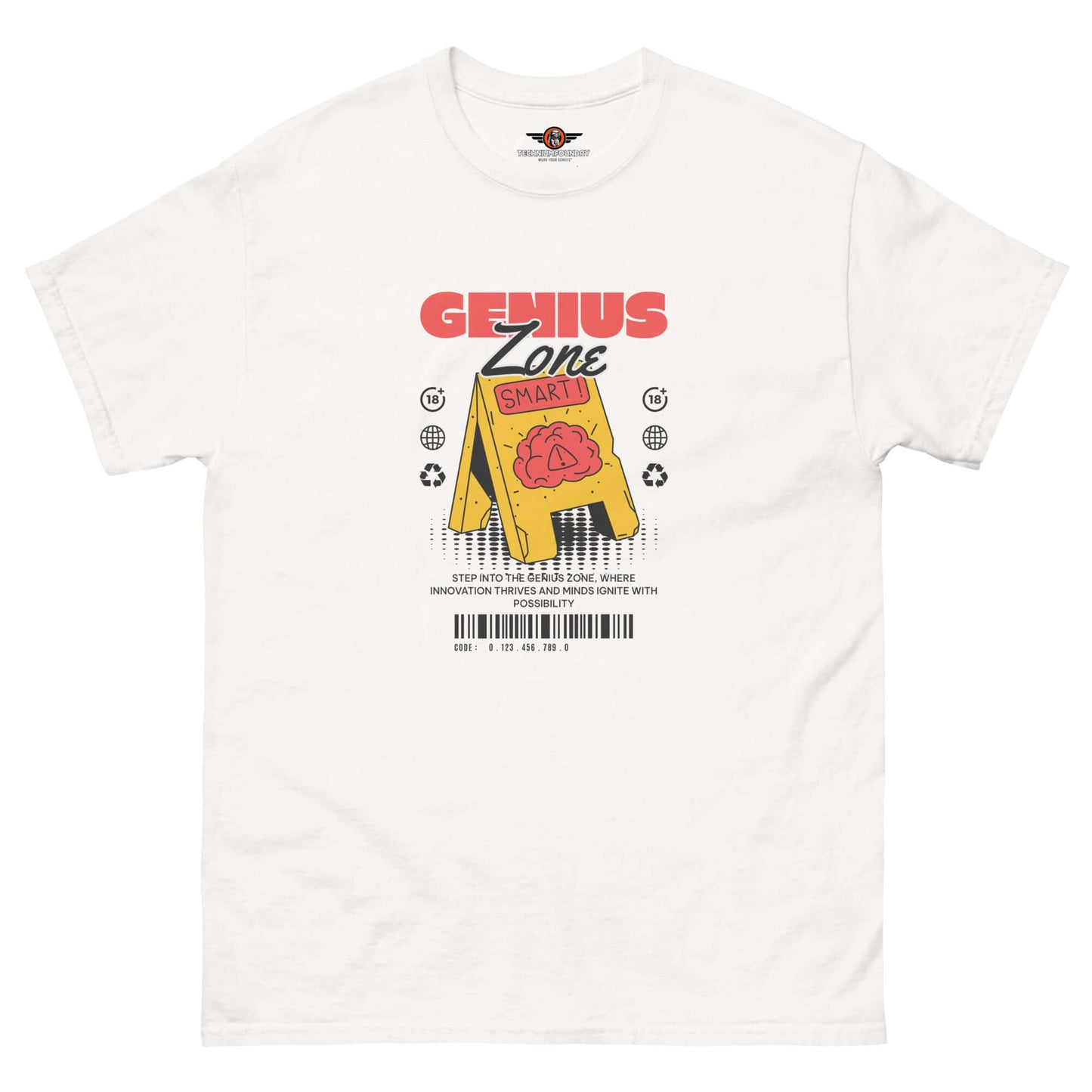 "Genius Zone Caution T-Shirt by Technium Foundry with retro-tech style and brain warning label on premium cotton fabric"