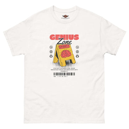 "Genius Zone Caution T-Shirt by Technium Foundry with retro-tech style and brain warning label on premium cotton fabric"