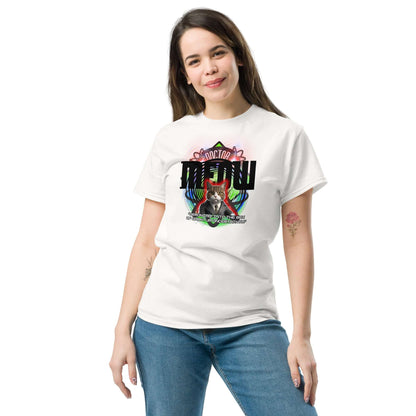 Woman wearing "Doctor Meow!" T-shirt featuring a cosmic cat in Time Lord attire with colorful background, by Technium Foundry.