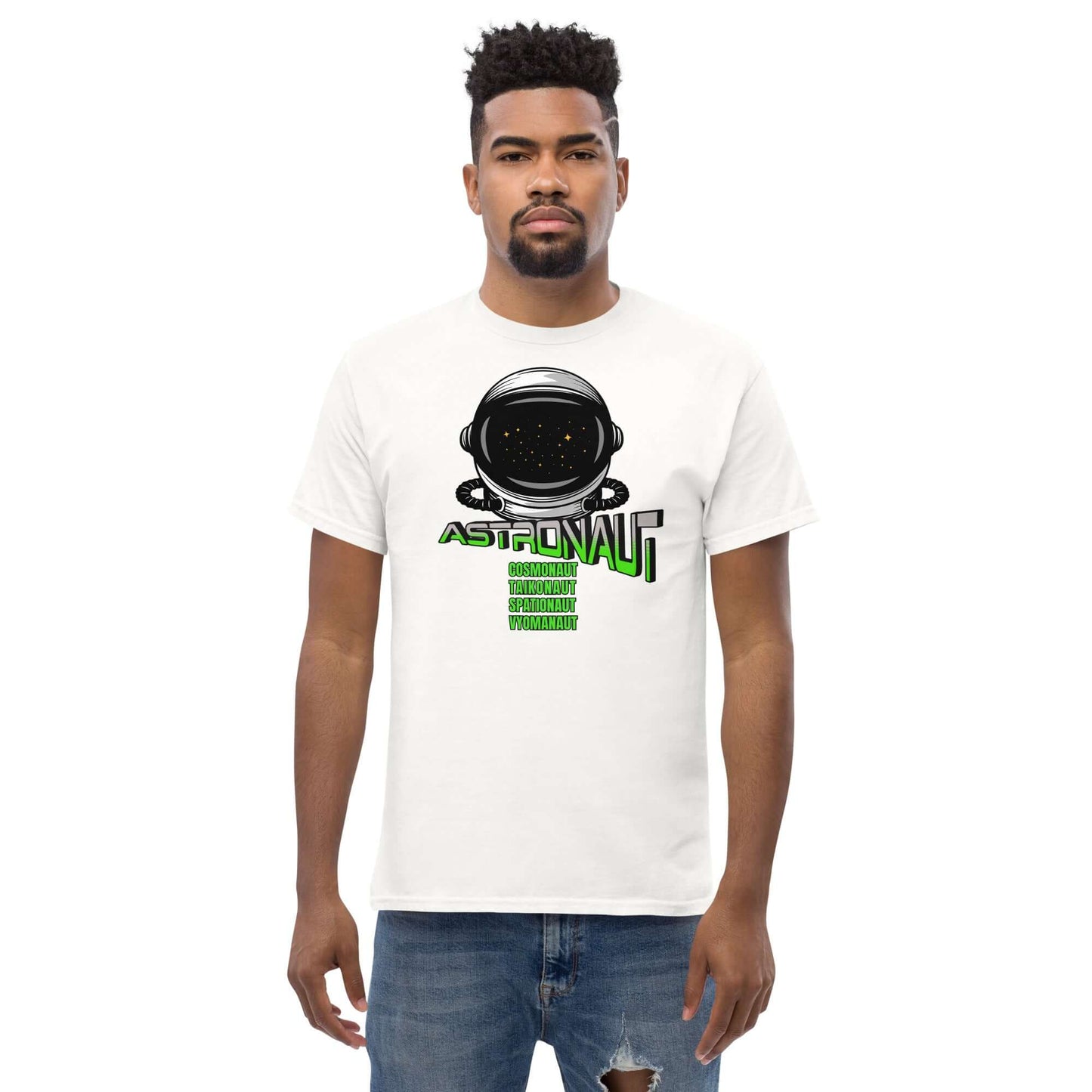 Man wearing Space Explorer Synonyms T-Shirt by Technium Foundry featuring astronaut design with space-themed text in green and black.