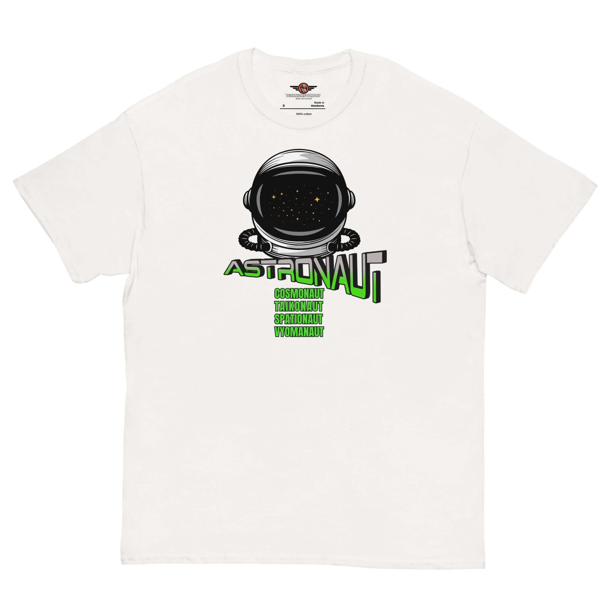 Space Explorer Synonyms T-Shirt featuring astronaut, cosmonaut, and taikonaut text in green and black design by Technium Foundry.