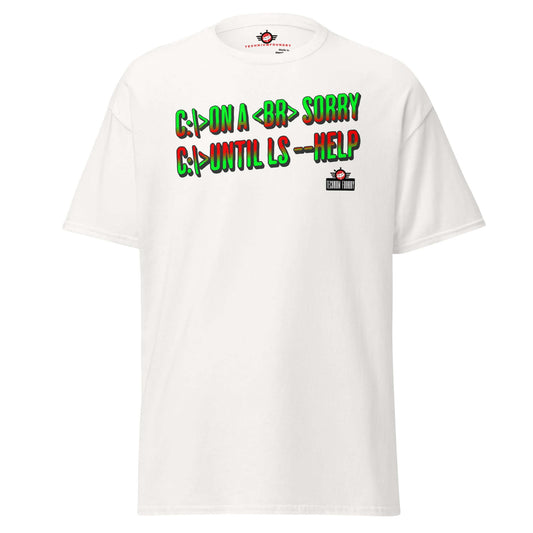 Technium Foundry T-shirt with humorous command line text for developers, showcasing Windows commands and Linux humor in red and green text.