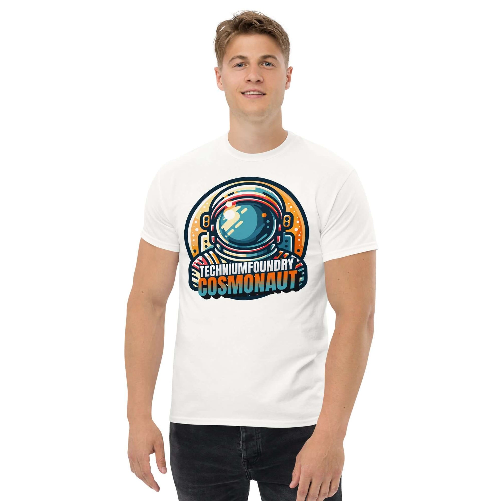 Man wearing Technium Foundry Cosmonaut T-Shirt with retro cosmonaut helmet design in vibrant colors.