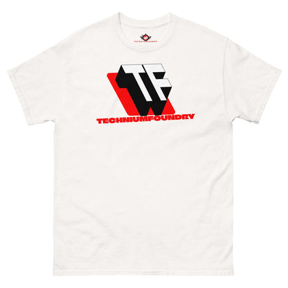 Technium Foundry t-shirt featuring bold TF monogram logo with geometric design and red accents on white background.