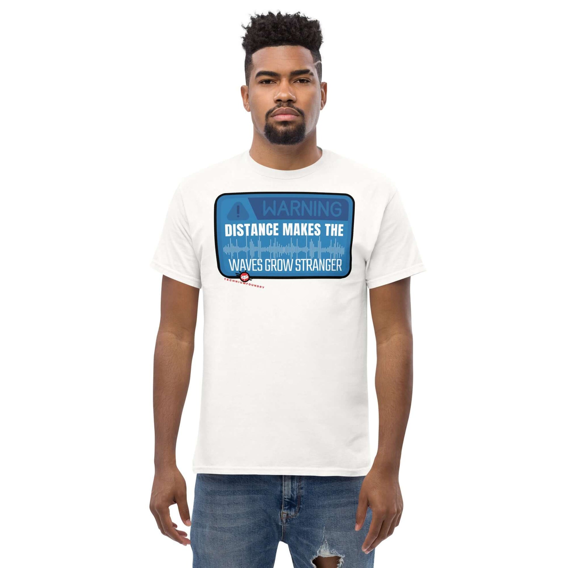 "Man wearing Warning: Waves Get Stronger T-Shirt by Technium Foundry, perfect for quantum apparel and science geek shirts enthusiasts."