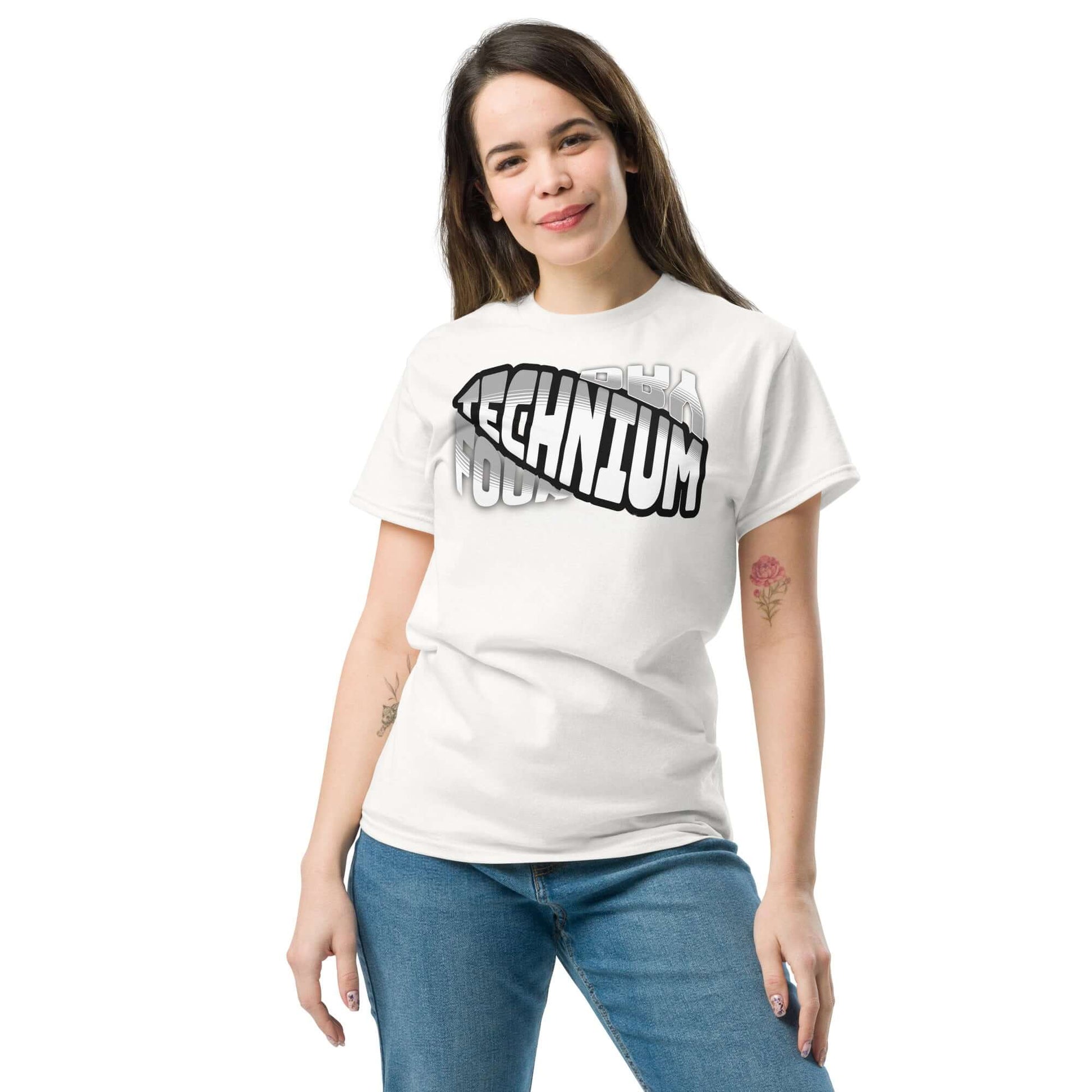 Woman wearing Technium Foundry Core Logo T-shirt, showcasing quantum apparel design for science geek shirts.