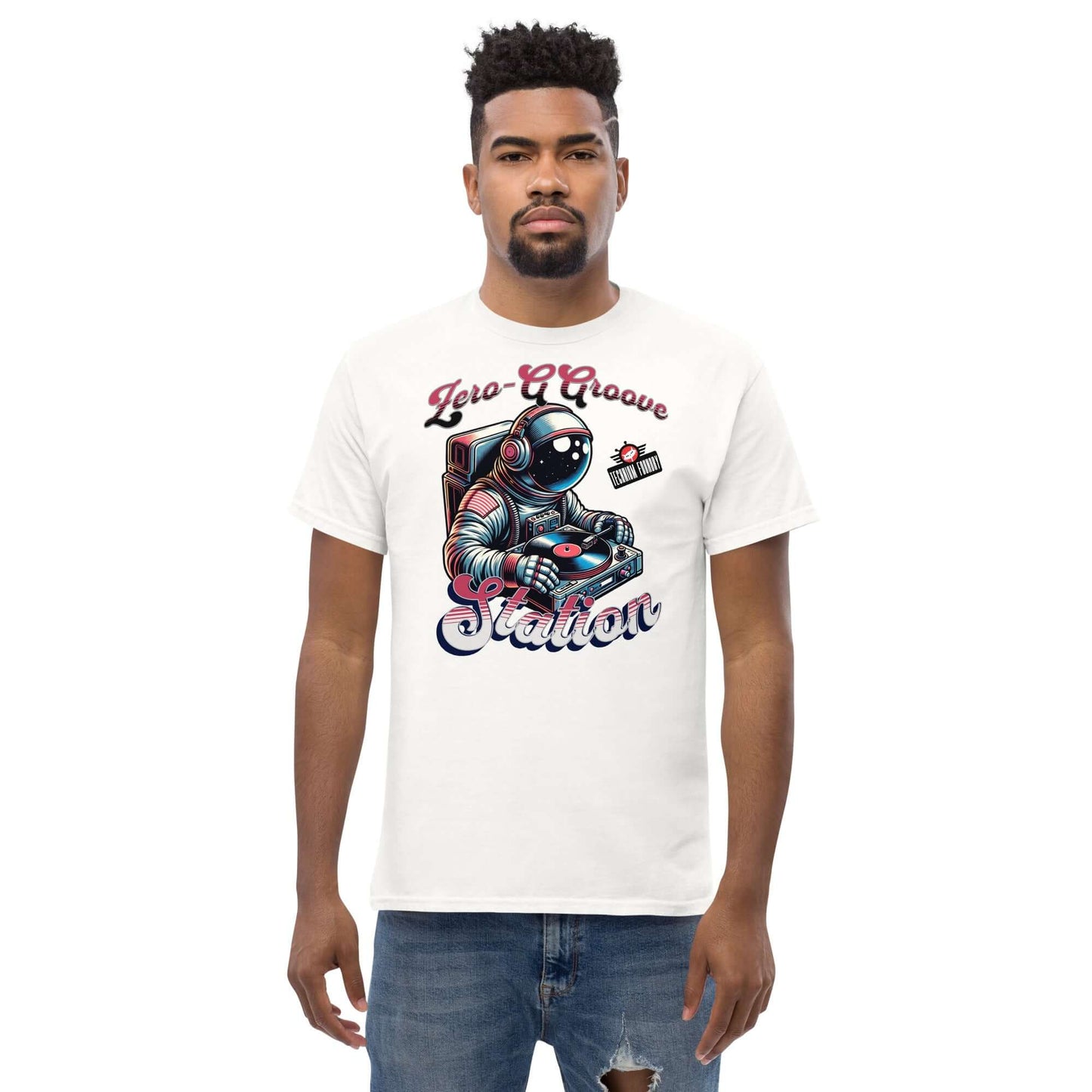 Man wearing Zero-G Groove Station T-Shirt with astronaut DJ graphic by Technium Foundry, space-themed design on white cotton tee.