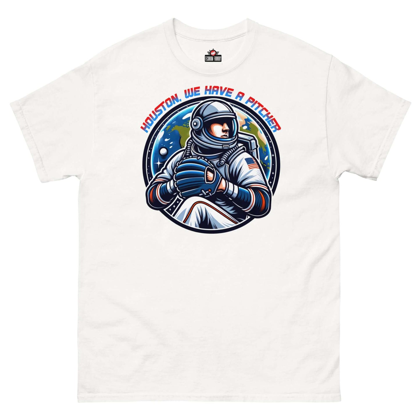 Space-themed T-Shirt "Houston, We Have A Pitcher" by Technium Foundry, featuring an astronaut ready to pitch in style.