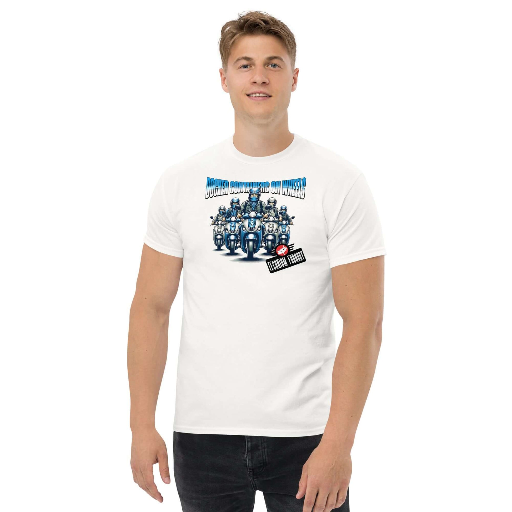 "Docker Containers on Wheels T-Shirt by Technium Foundry featuring scooter-riding microservices illustration"