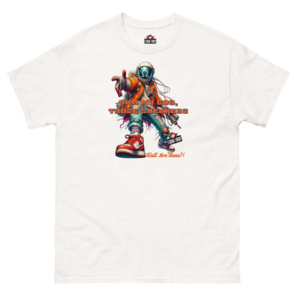 "Watt Are Those?! Electronic Kicks T-Shirt featuring stylish astronaut with colorful sneakers, by Technium Foundry"