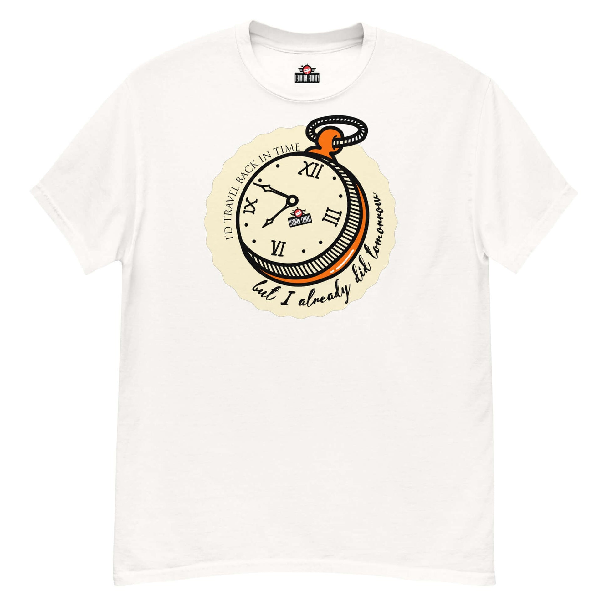 Time Travel Paradox T-Shirt featuring a pocket watch with "Fashionably Late" design for smart, sassy temporal paradox lovers.