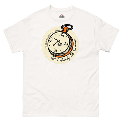 White Time Travel Paradox T-Shirt featuring pocket watch and text design by Technium Foundry, titled "Fashionably Late".