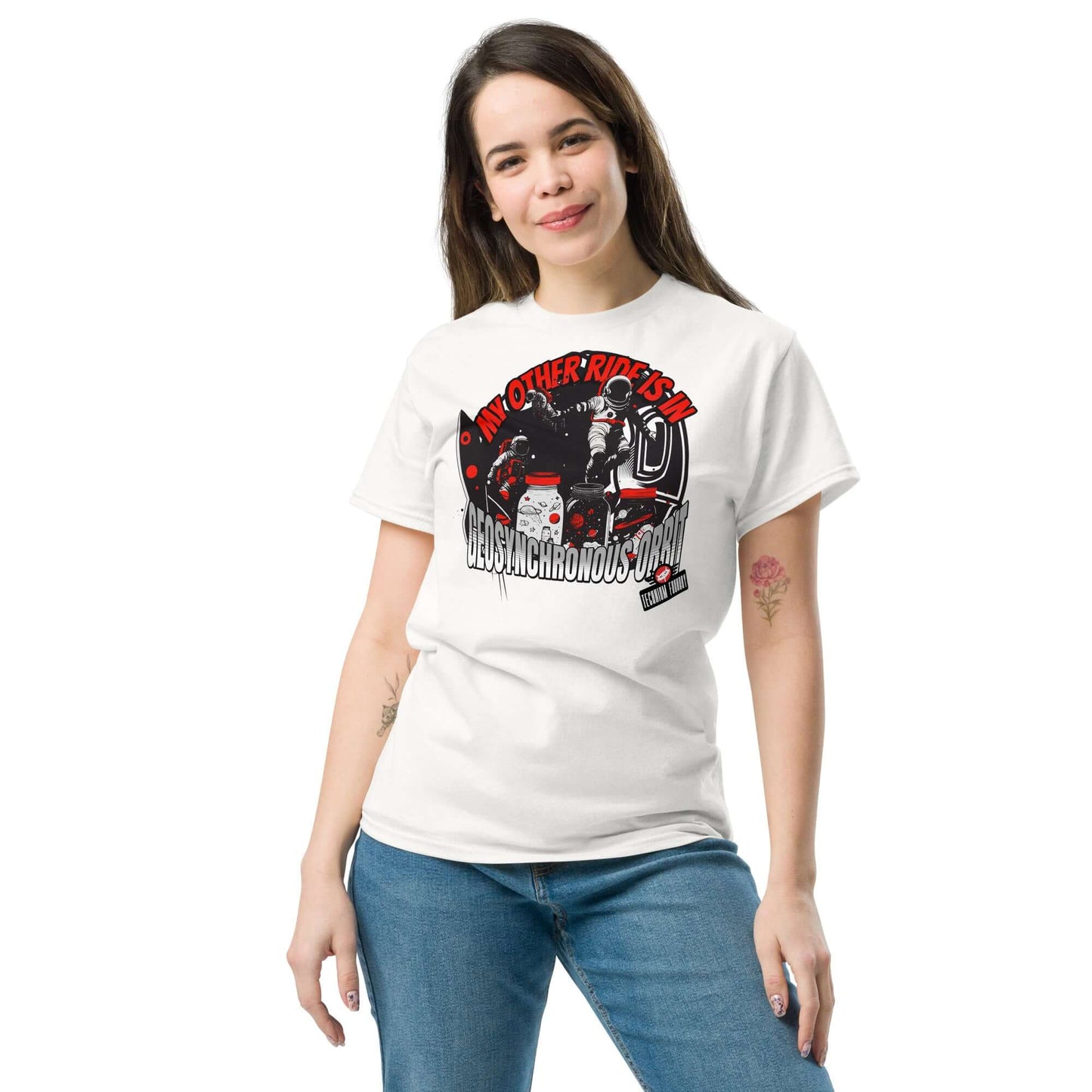 Woman wearing "My Other Ride is in Geosynchronous Orbit" T-shirt by Technium Foundry, featuring astronauts and satellite design.