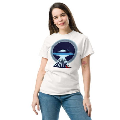 Woman wearing UFO Christmas T-shirt with alien and sleigh design by Technium Foundry, limited edition holiday apparel.