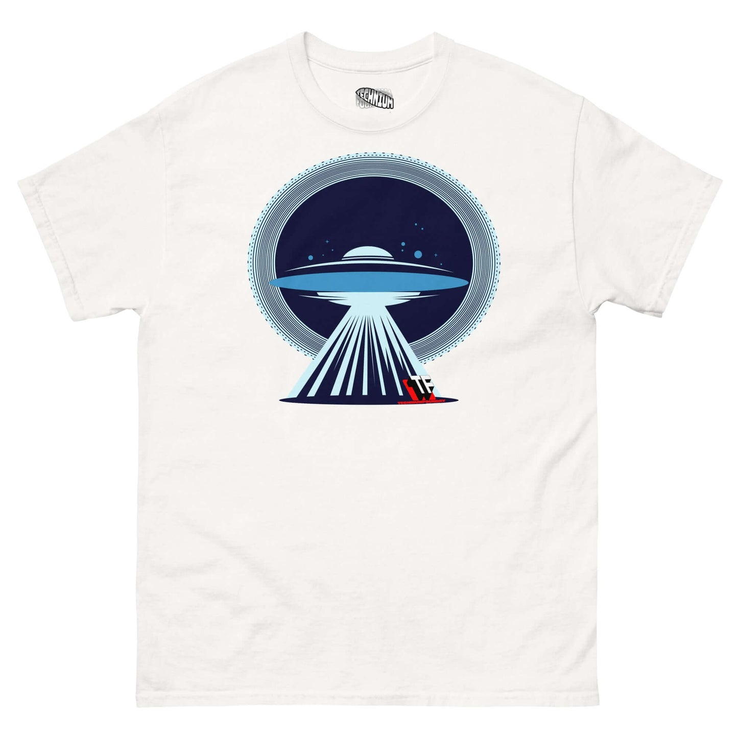 UFO Christmas T-Shirt by Technium Foundry featuring UFO beaming Santa's sleigh, minimalist holiday design, limited edition.