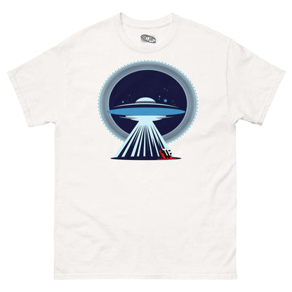 UFO Christmas T-Shirt by Technium Foundry featuring UFO beaming Santa's sleigh, minimalist holiday design, limited edition.