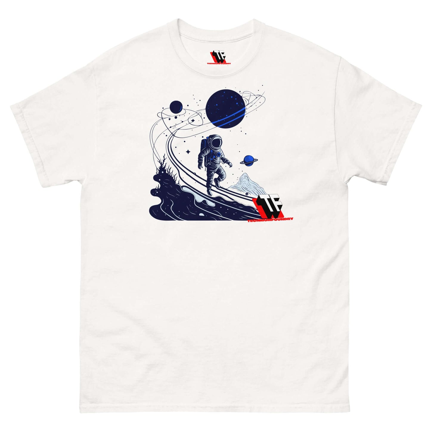 "Cosmic Wanderer T-Shirt with astronaut exploring stars, a celestial journey by Technium Foundry"