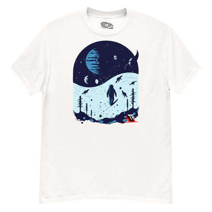 Space Dinosaur Slopes T-Shirt with astronaut skiing among T-Rexes on alien planets, by Technium Foundry (Jurassic Cosmic).