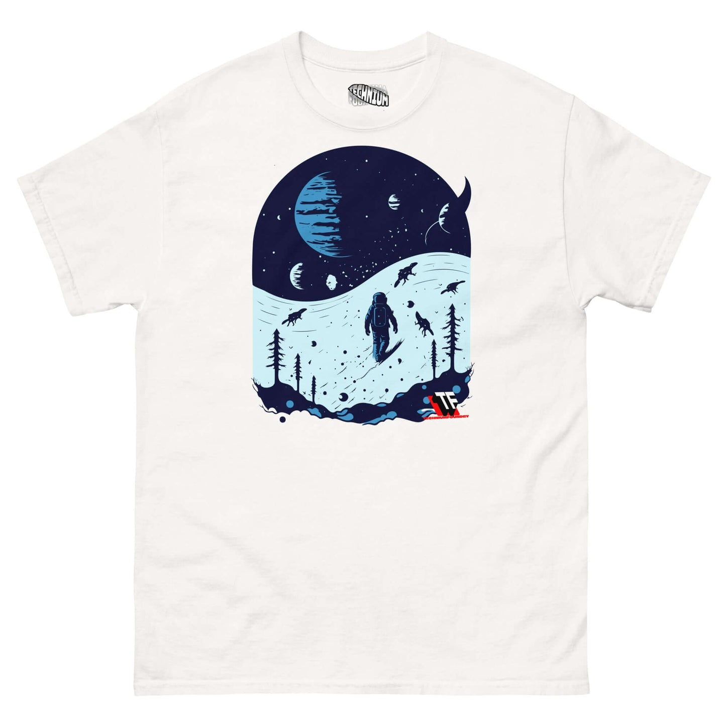 "Space Dinosaur Slopes T-Shirt featuring astronaut skiing with dinosaurs on alien planet by Technium Foundry, limited edition"