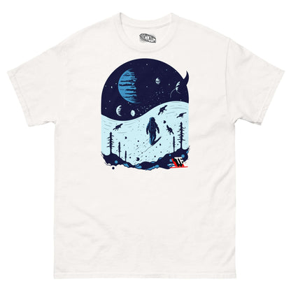 "Space Dinosaur Slopes T-Shirt featuring astronaut skiing with dinosaurs on alien planet by Technium Foundry, limited edition"