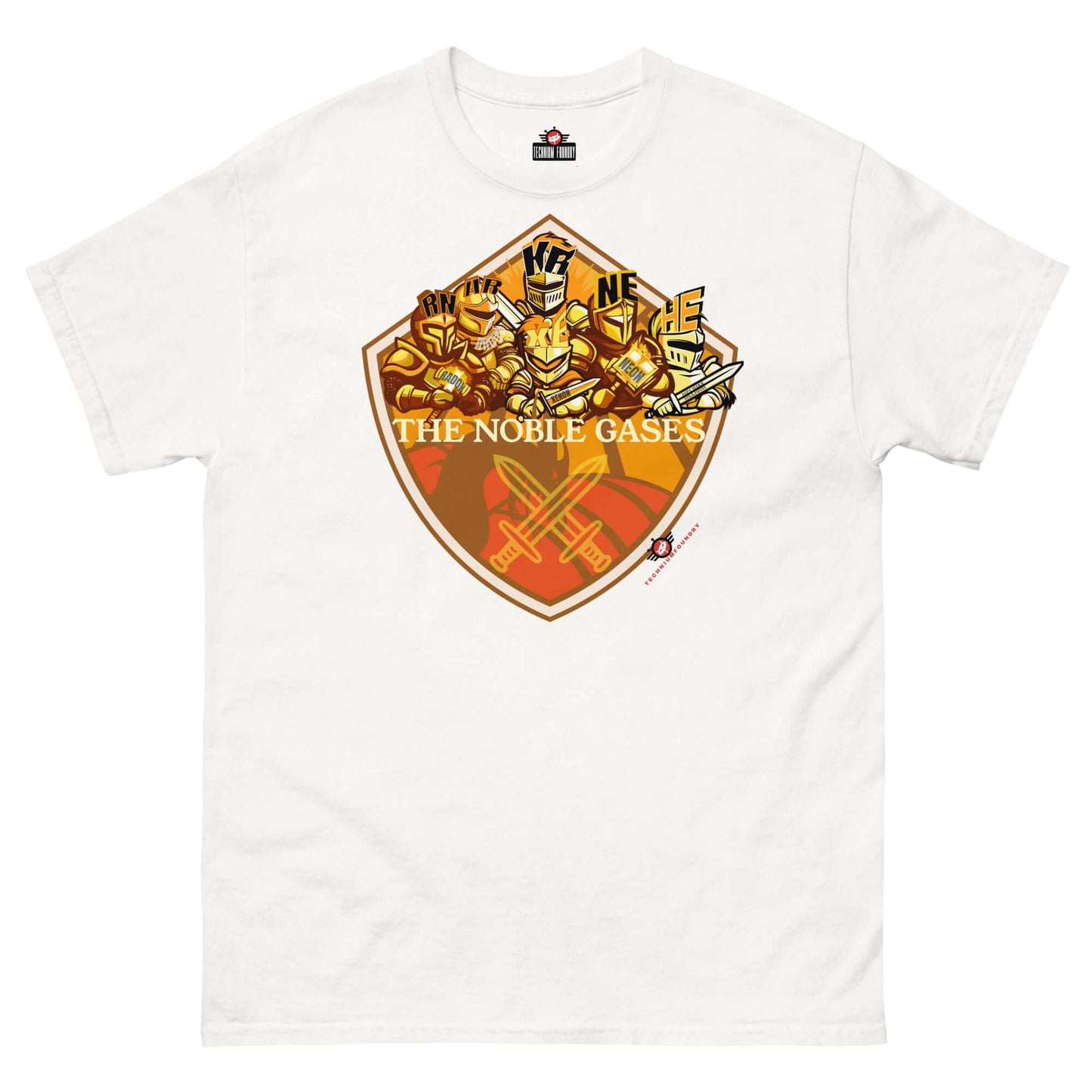 "Noble Gases T-Shirt by Technium Foundry featuring heroic elements as medieval knights with coat of arms design, premium cotton."