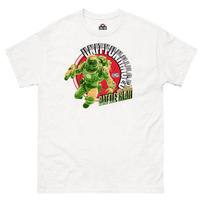 UNITYUNHINGED Battle Clan T-Shirt featuring a green astronaut, perfect for combat enthusiasts seeking calculated chaos.