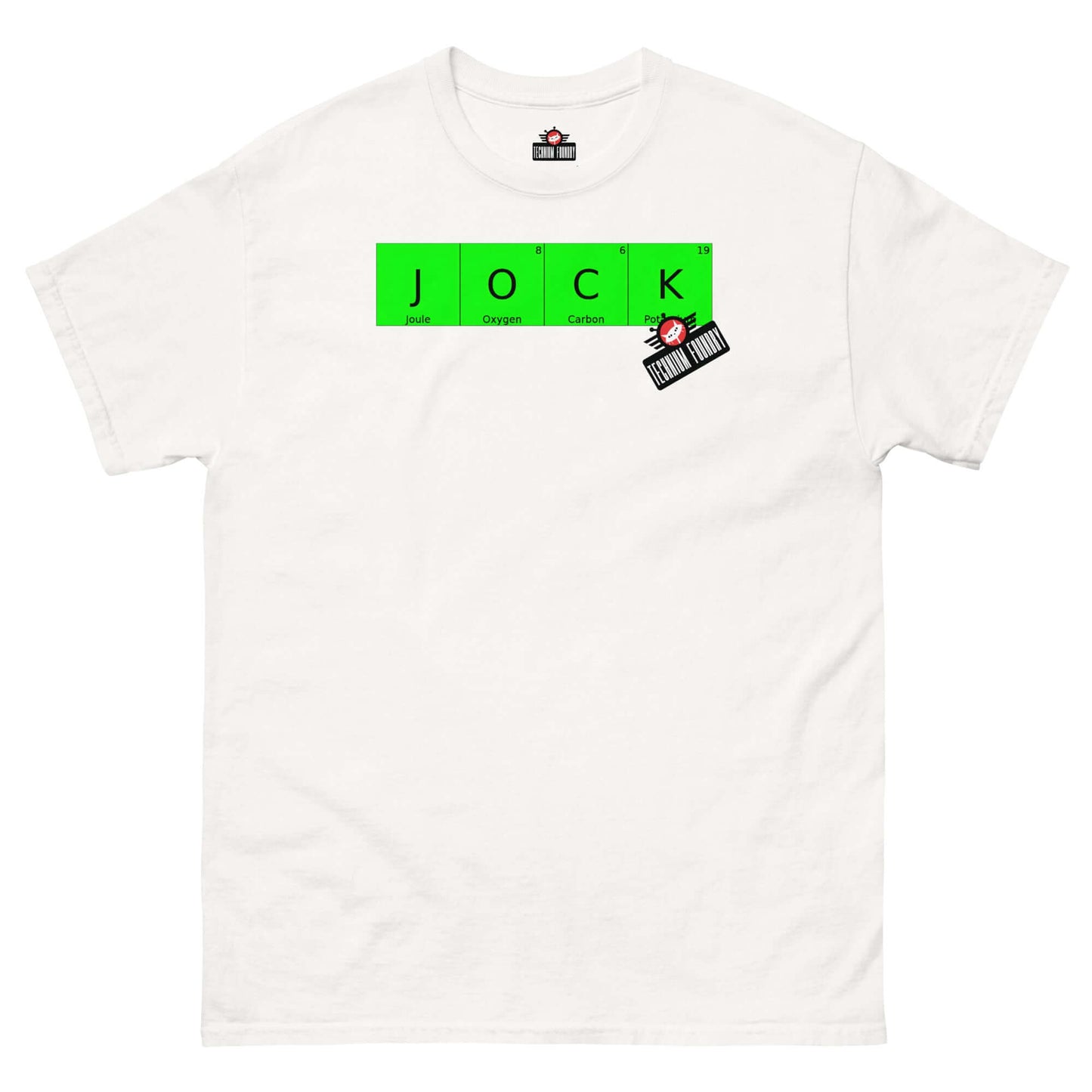 "JOCK T-Shirt by Technium Foundry featuring periodic elements design and tiny DJ graphic on white premium cotton"