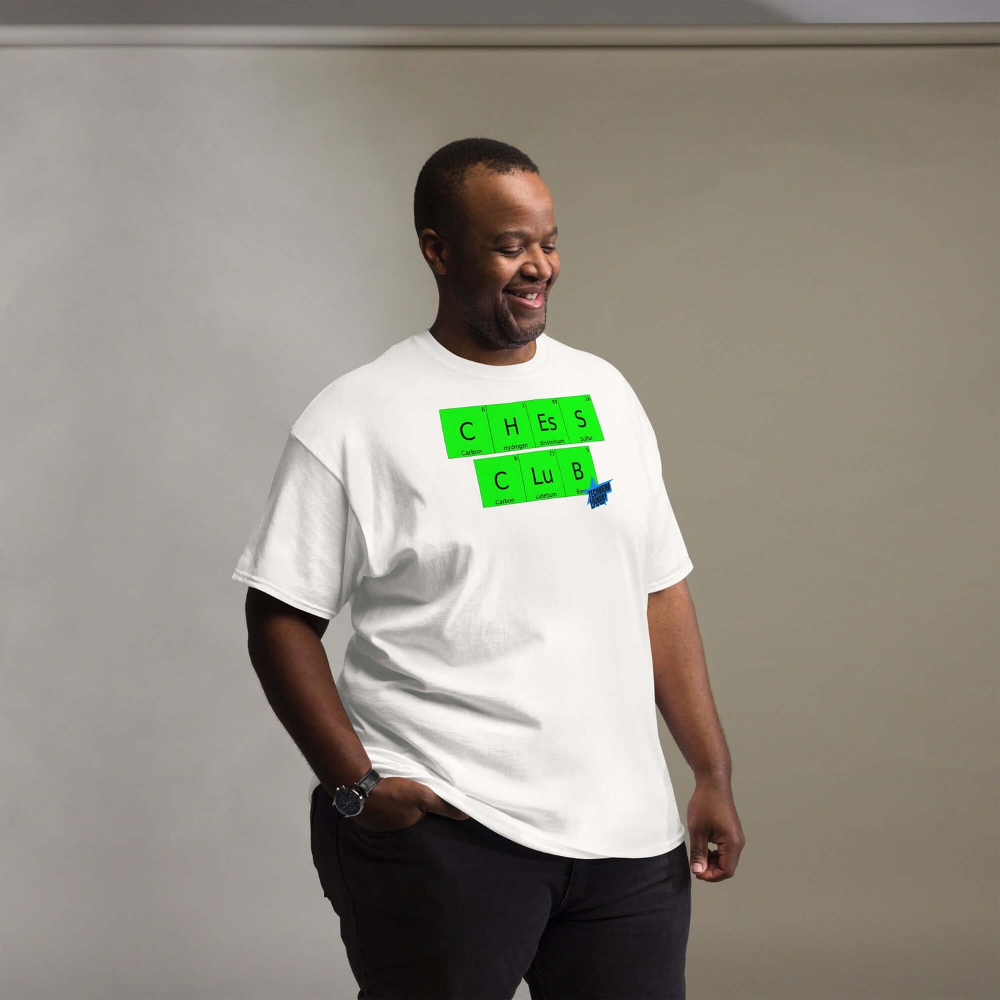 Man wearing Chess Club T-Shirt by Technium Foundry with a chemistry and chess theme.