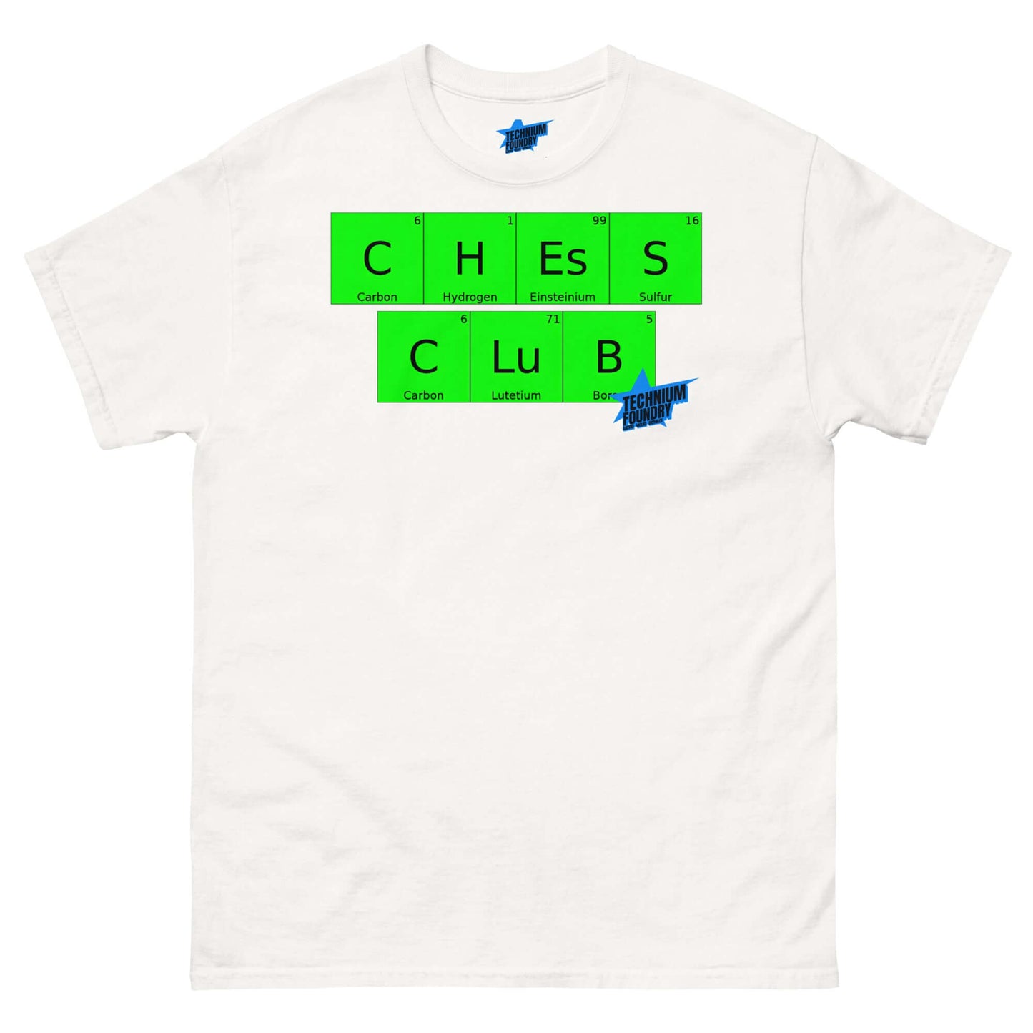 Technium Foundry Chess Club T-Shirt featuring a periodic table design, blending chess and chemistry elements, unisex sizes S-3XL