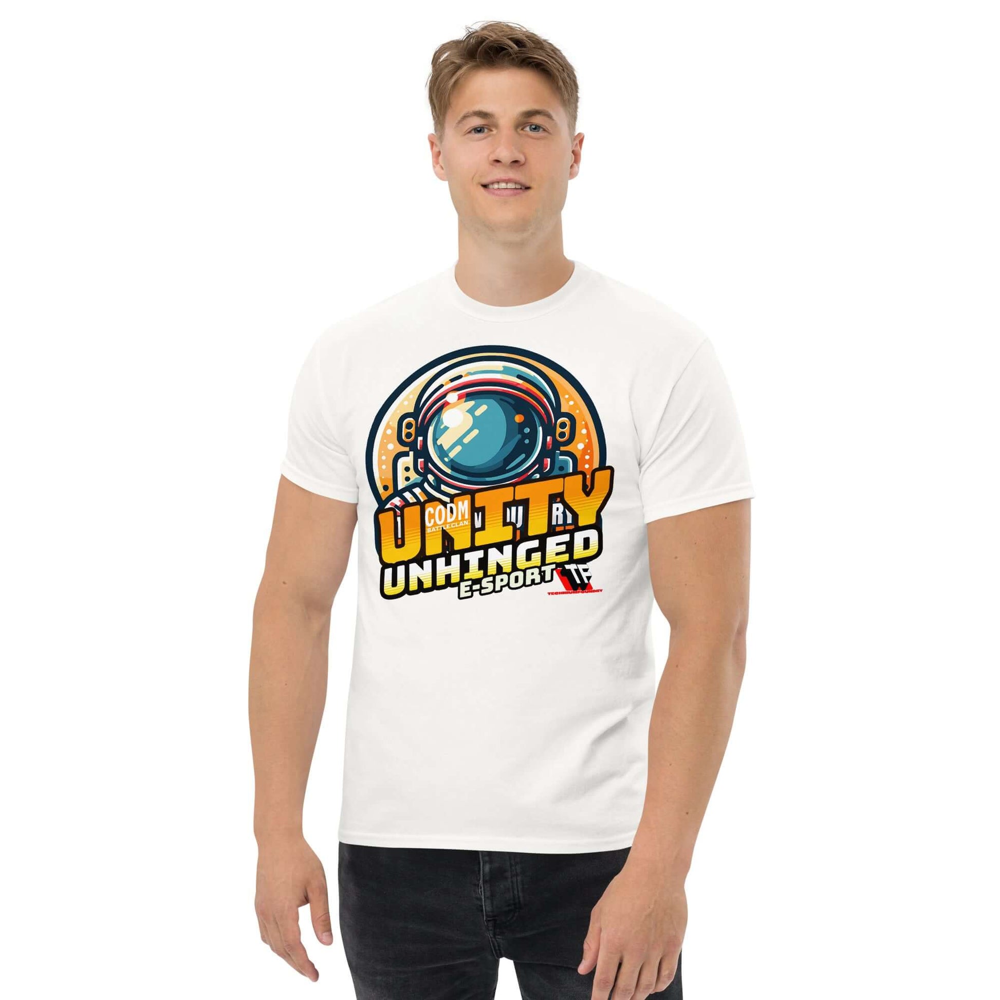 Man wearing UNITY UNHINGED E-Sports T-Shirt by Technium Foundry, featuring astronaut design for CoD Mobile battle clan enthusiasts.