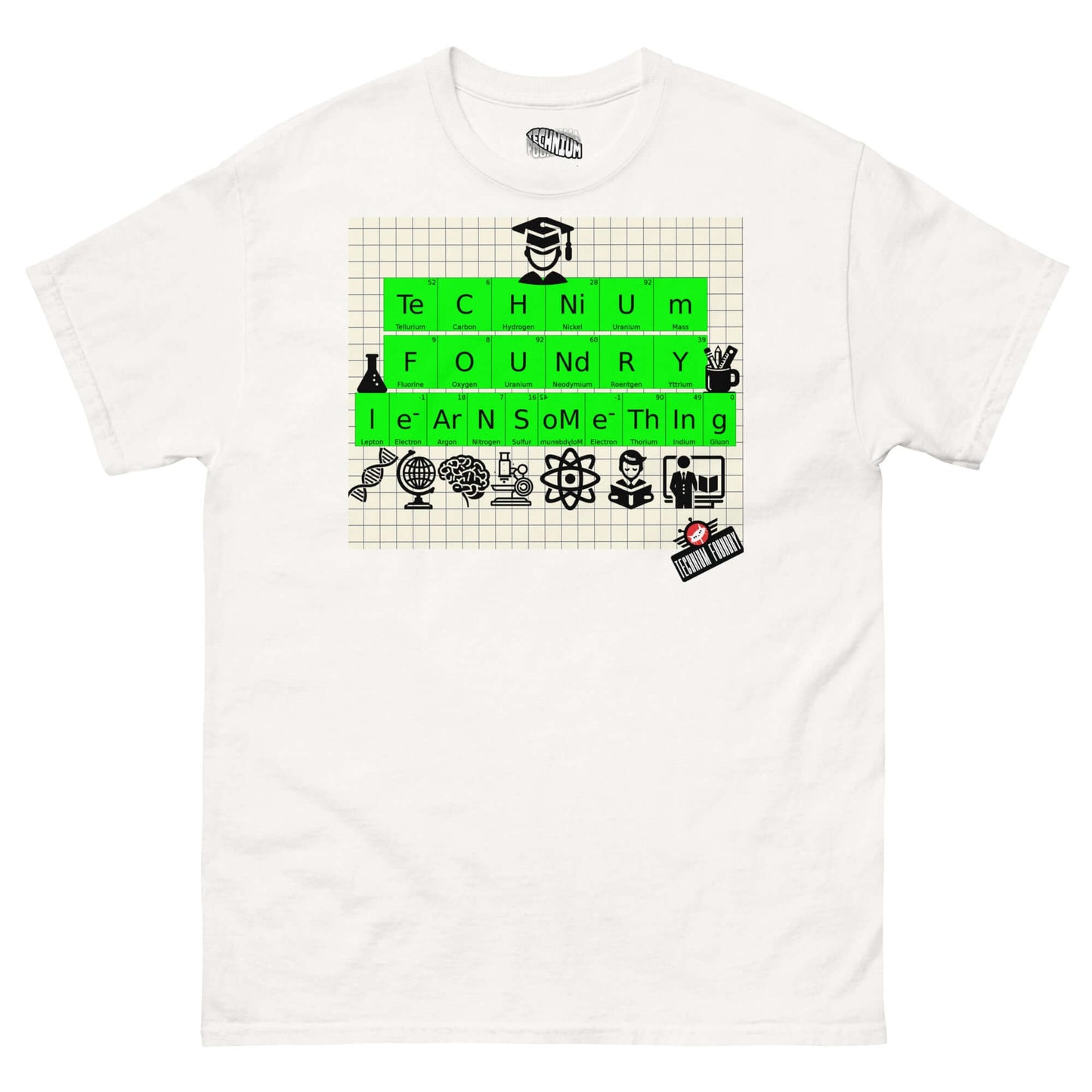 "Technium Foundry T-Shirt with Periodic Table Design and Educational Icons on White Fabric"